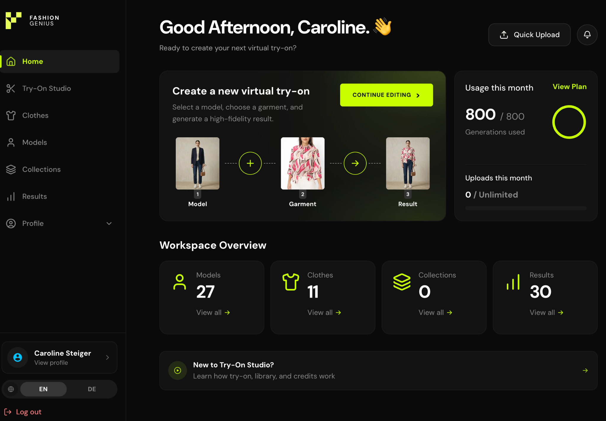 Fashion Genius Creator Studio dashboard